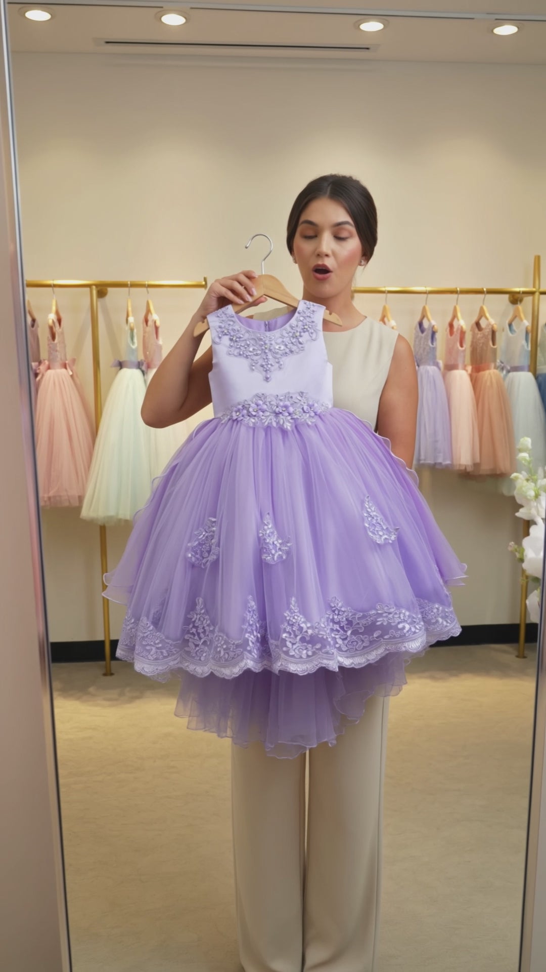 Blisseven girls high low lace princess dress video showing front and full dress details